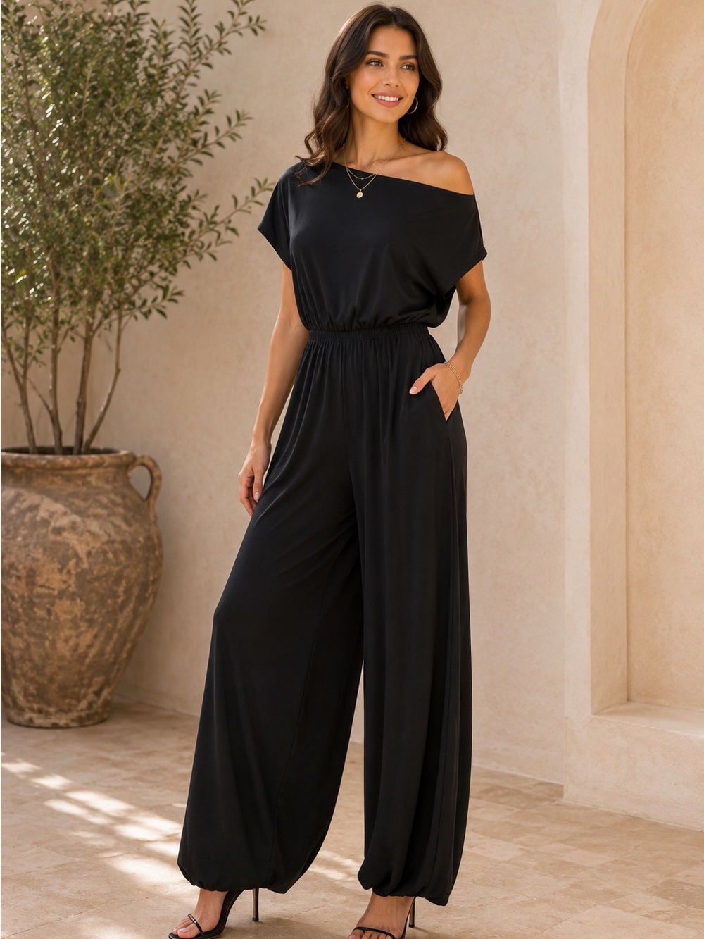 Off-the-Shoulder Black Straight-Leg Jumpsuit with Elastic Waist